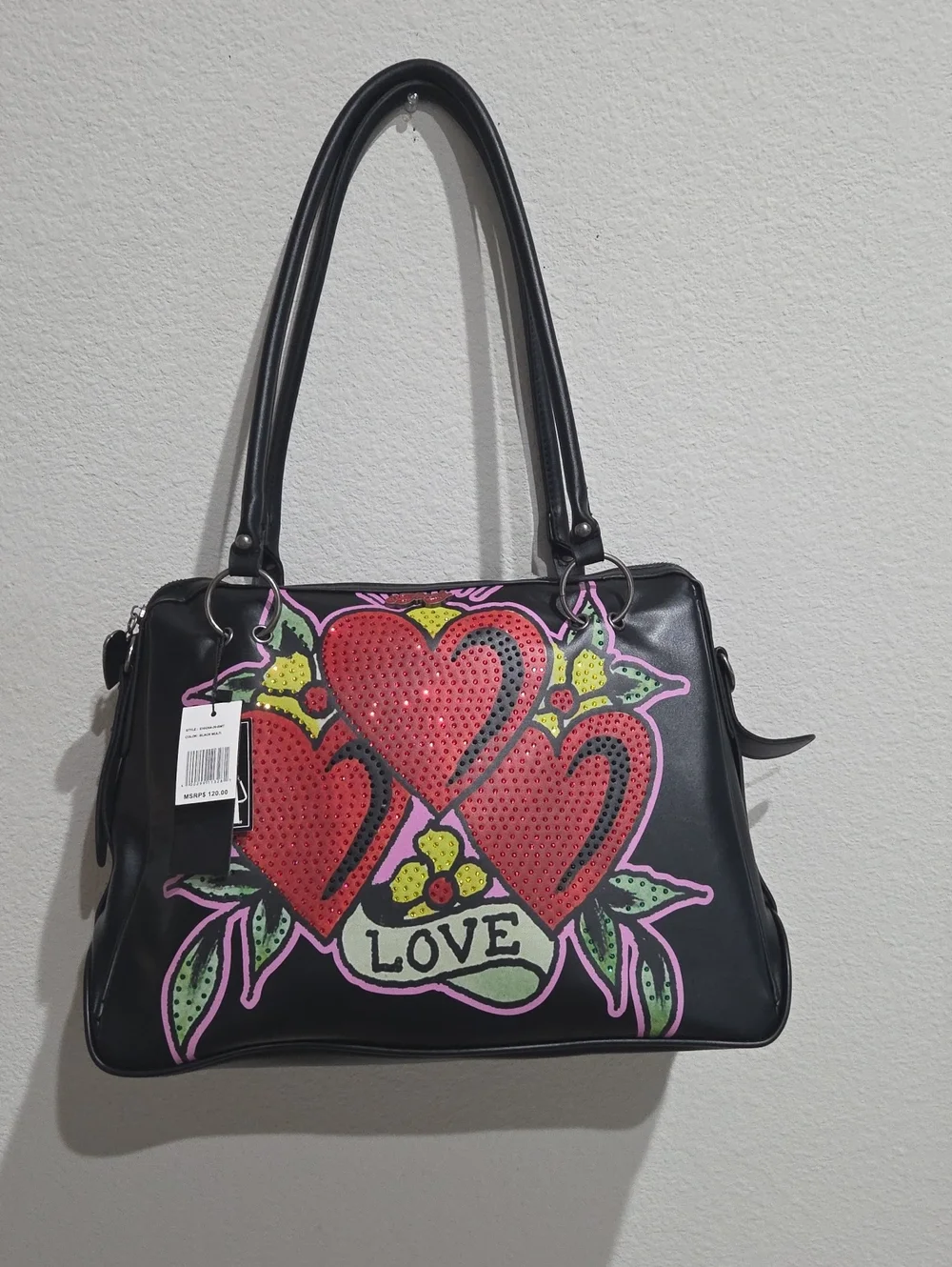 Ed Hardy Black Red Hearts Rhinestons Graphic Tote Bag - LOVE Design